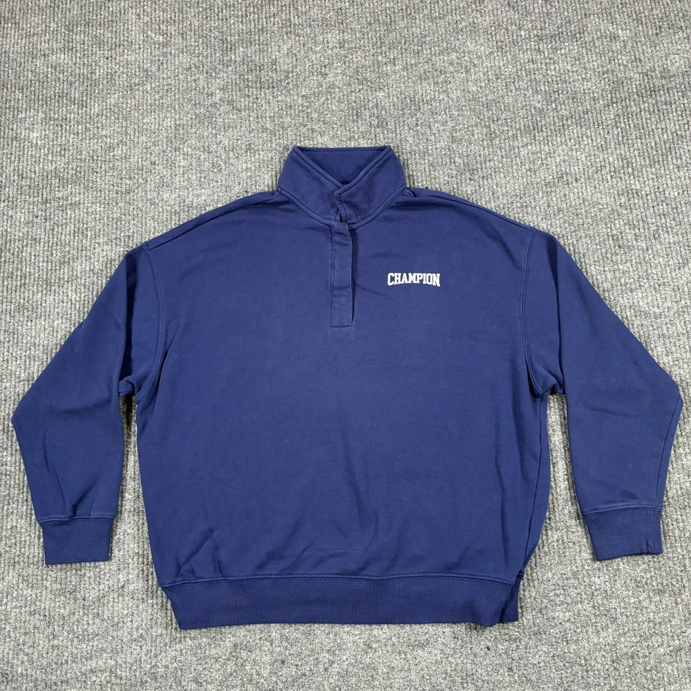 Champion Quarter Zip Sweatshirt Mens Size L Navy Blue Spellout Pullover Y2K